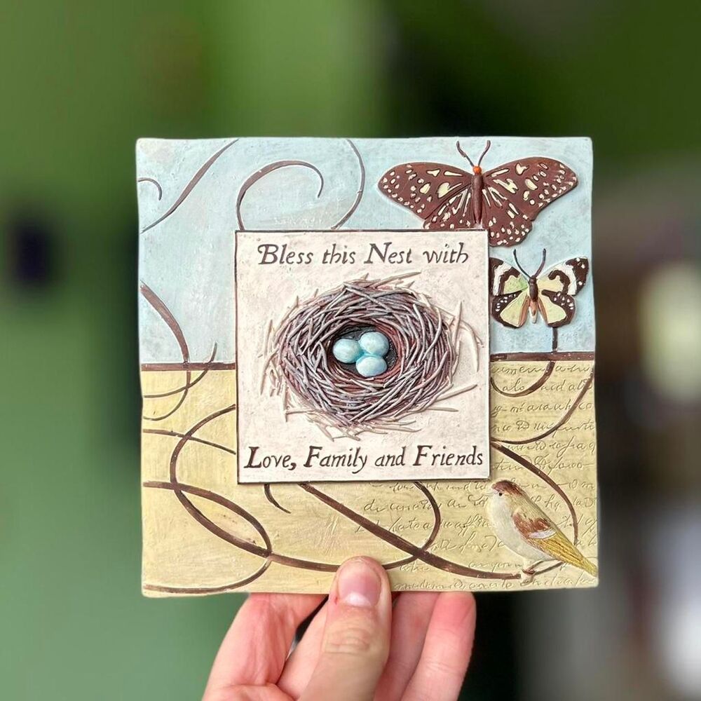 Bless this Nest with Love Family and Friends Ceramic Cottagecore Wall Tile Plaqu